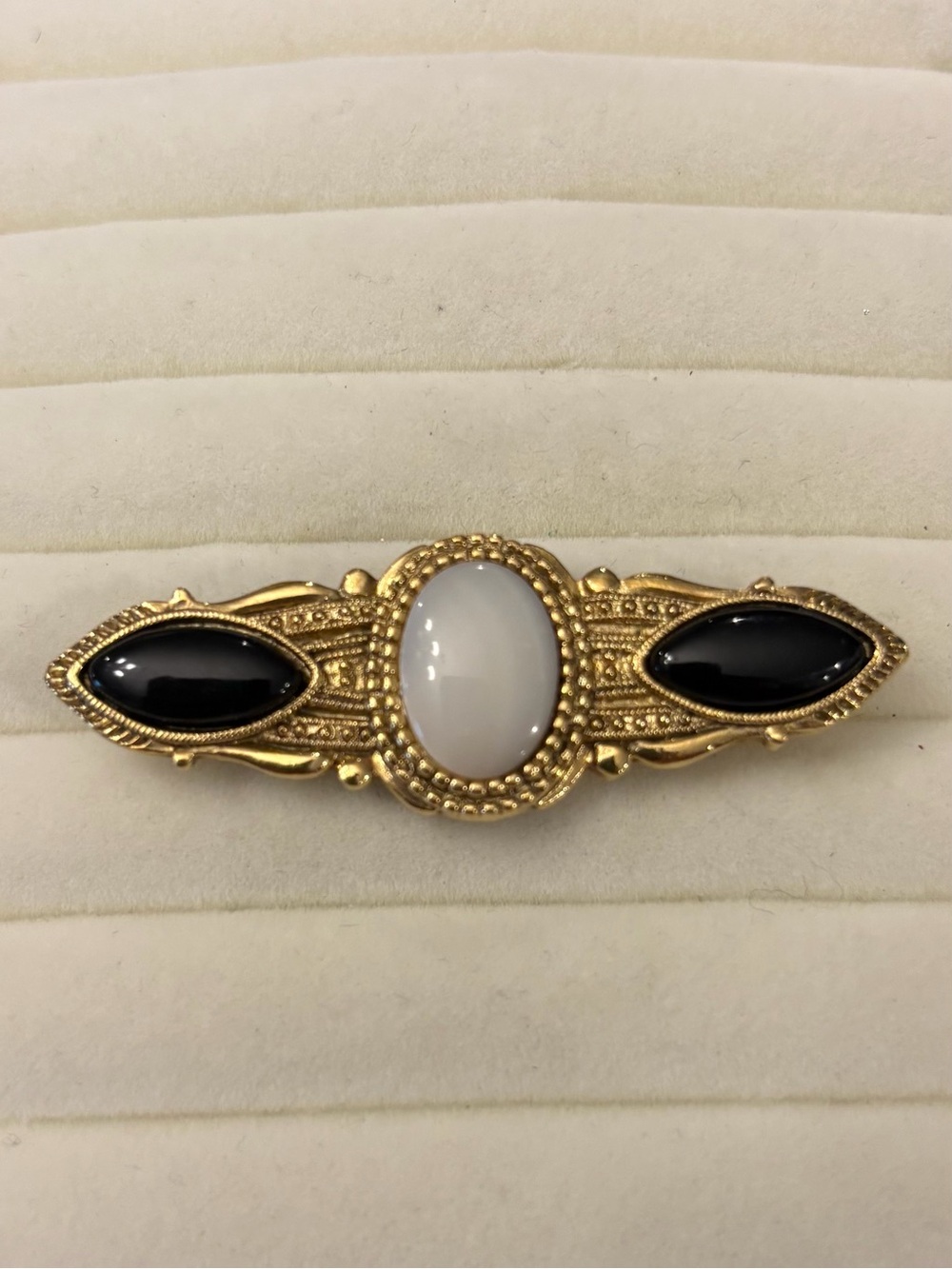1980's Vintage 1928 Brooch Pin Goldtone Pearl Onyx Victorian Style Steampunk
